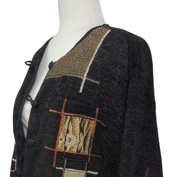 Vintage 90s Black Tapestry Jacket Geometric Animal‎ Print Patches Artsy Large - Picture 3 of 14